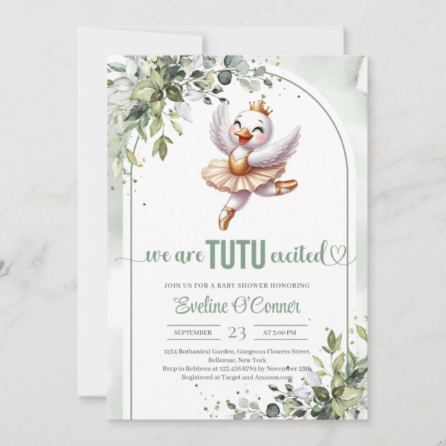 Chic little swan with gold tutu dress eucalyptus  invitation (Front)