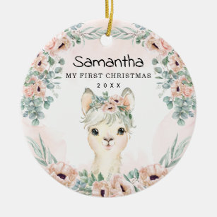 Chic Llama Blush Floral Baby Girl First Christmas Ceramic Ornament