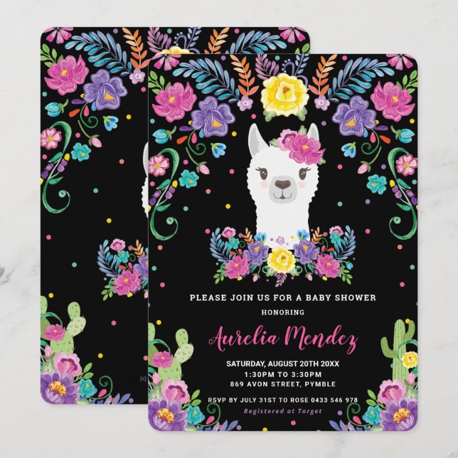 Chic Llama Mexican Floral Baby Shower Chalkboard Invitation