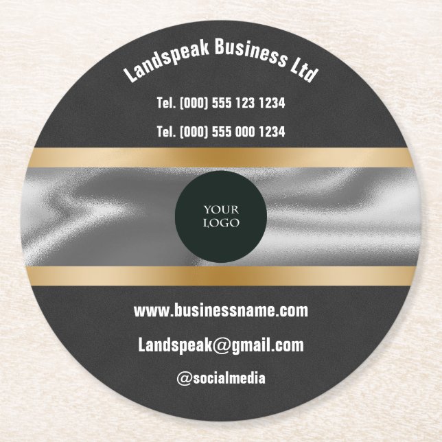 Chic Logo & Gold Black Suede Promoting Business Round Paper Coaster (Front)