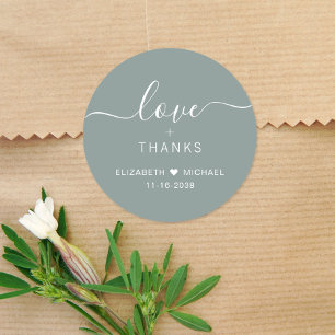 Chic Love And Thanks Sage Green Wedding Thank You Classic Round Sticker