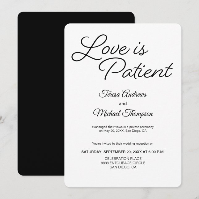 Chic Love is Patient Wedding Reception Invitation (Front/Back)