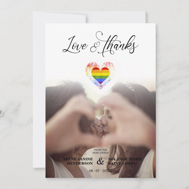 Chic Love & Thanks LGBT Rainbow Pride Heart Photo Thank You Card (Front)