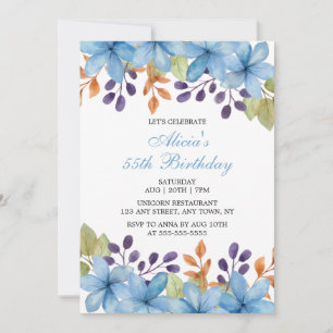 Chic Lovely Blue Flora Watercolor Any Age Birthday Invitation