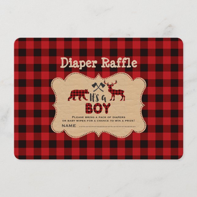 Chic Lumberjack Little Hunter Diaper Raffle Ticket Enclosure Card (Front)