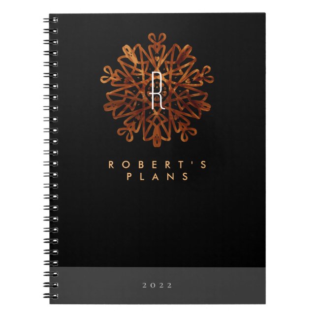 Chic luxurious black and gold ornate monogrammed notebook (Front)
