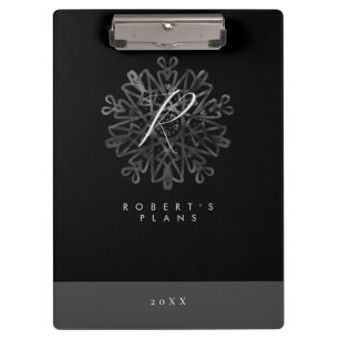 Chic luxurious black and white ornate monogrammed clipboard