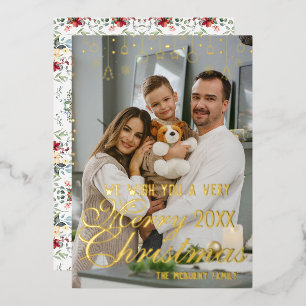 Chic Luxurious Personalized Family Photo Foil Holiday Card