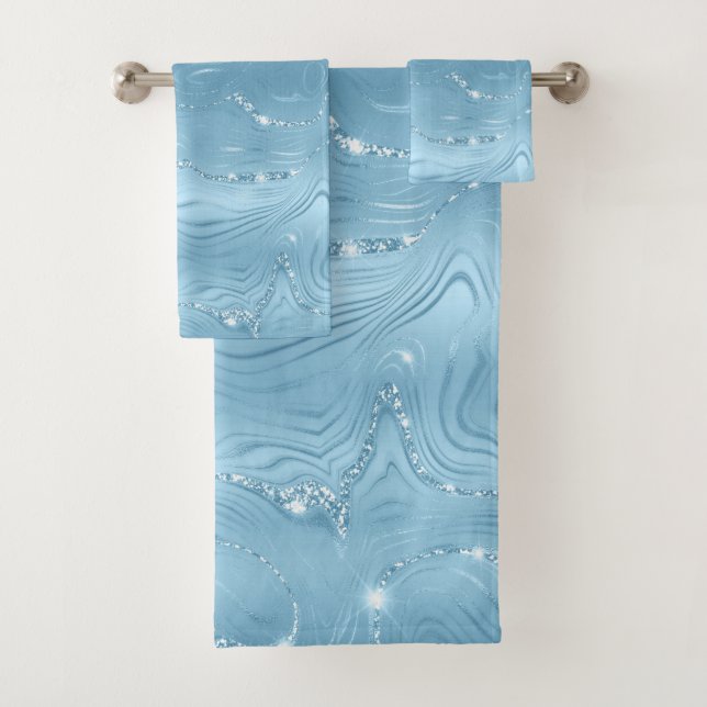 Chic Luxury Baby Blue Silver Glitter Bath Towel Set (Insitu)