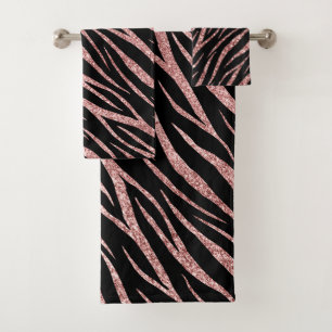 Chic Luxury Black and Rose Gold Classy Zebra Print Bath Towel Set