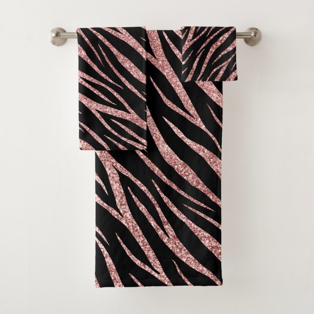 Chic Luxury Black and Rose Gold Classy Zebra Print Bath Towel Set (Insitu)