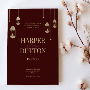 Chic luxury burgundy gold lantern lights wedding  invitation
