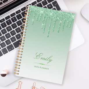 Chic Luxury Glitter Drips Personalized Green 2025 Planner