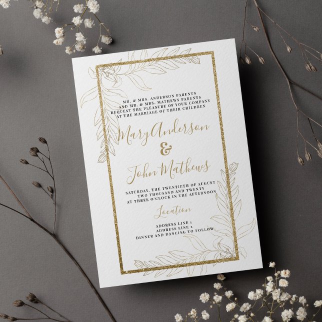 Chic luxury gold glitter foliage Wedding  Invitation (Chic luxury gold glitter foliage Wedding )