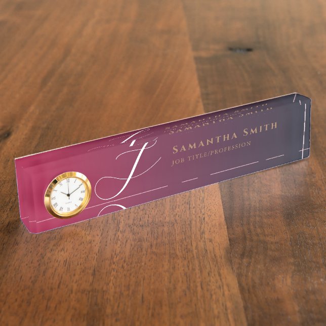 Chic Luxury Gradient Burgundy and Gold Monogrammed Nameplate (Side)