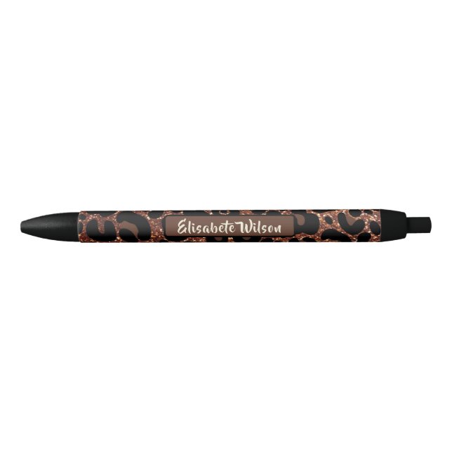 Chic Luxury Personalize Name Gold Glitter Leopard  Black Ink Pen (Front)