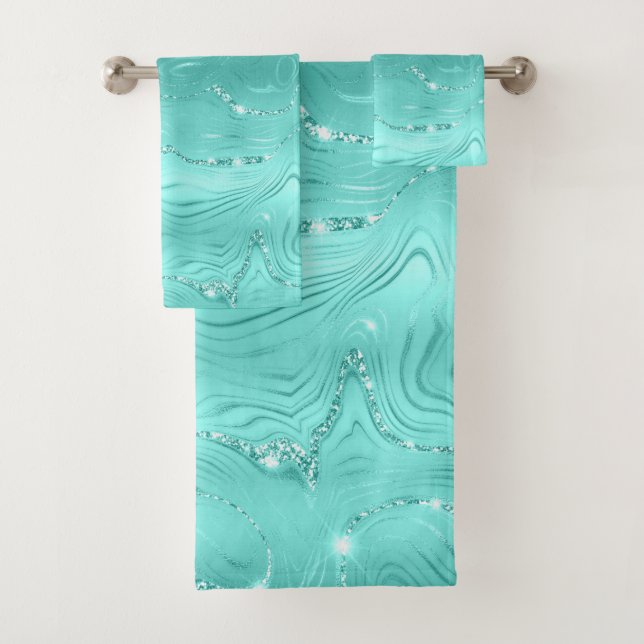 Chic Luxury Turquoise Silver Glitter Bath Towel Set (Insitu)