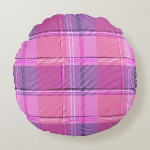 Chic Magenta Berry Plaid Aesthetic Round Pillow