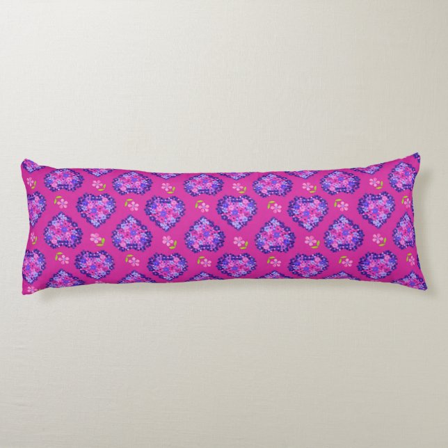Chic Magenta Hearts and Flowers Body Pillow (Back)