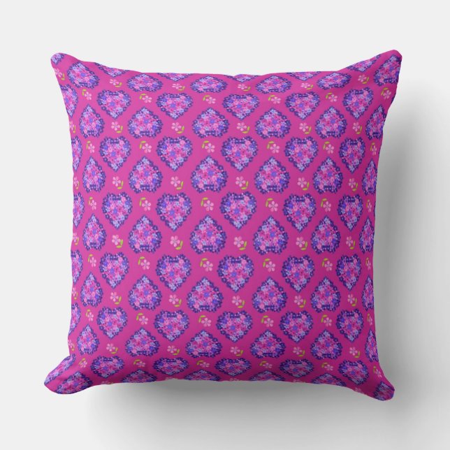 Chic Magenta Hearts and Flowers Pillow or Cushion (Front)
