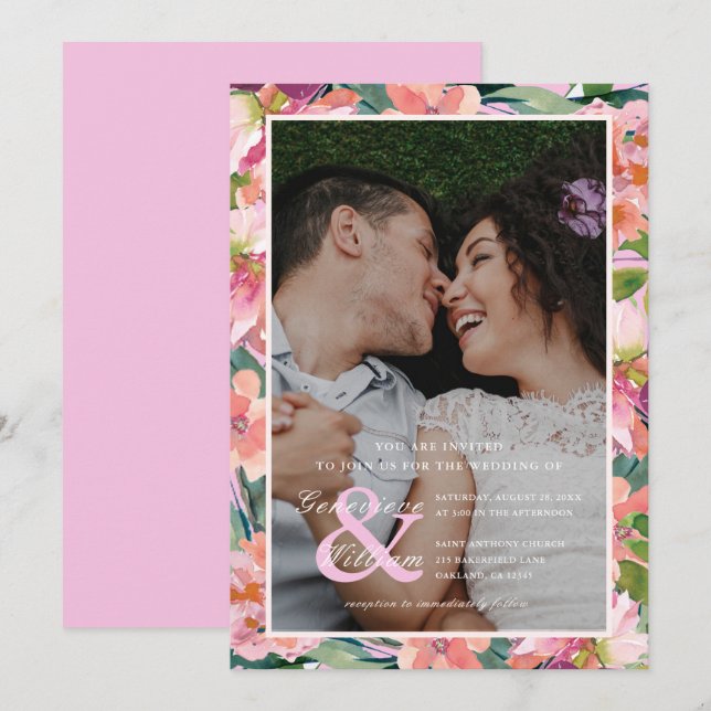 Chic Magenta Pink Floral Photo Wedding Invitation (Front/Back)