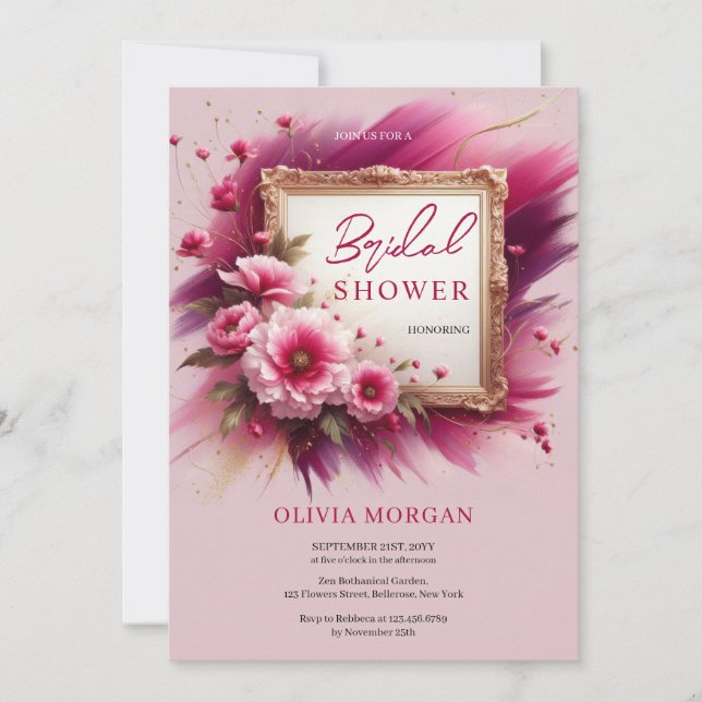 Chic magenta pink flowers gold frame Bridal Invitation (Front)