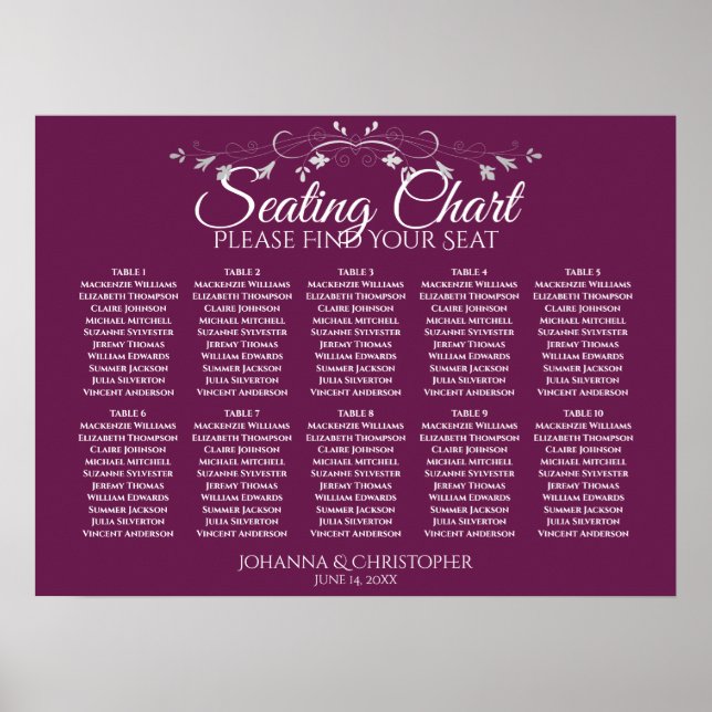 Chic Magenta Plum 10 Table Wedding Seating Chart (Front)