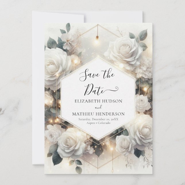 Chic Magical White Roses Wedding Save The Date (Front)