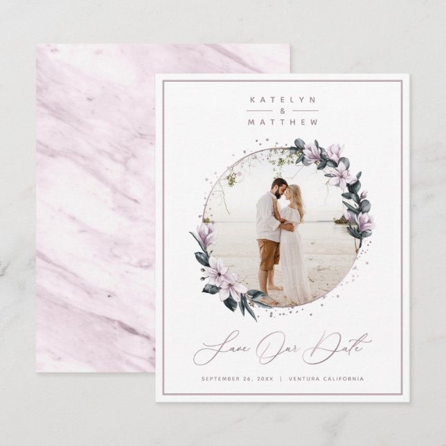 Chic Magnolia Floral & Mauve Circle Framed Photo Save The Date (Front/Back)