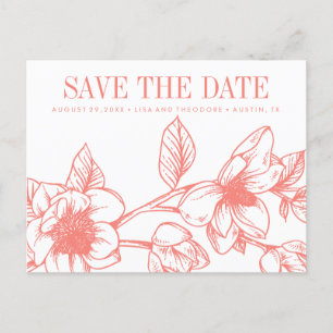 Chic Magnolia Flowers Coral Save the date Announcement Postcard