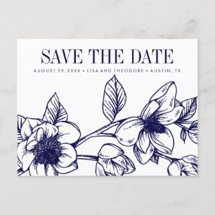 Chic Magnolia Flowers Navy Blue Save the date Announcement Postcard