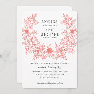 Chic Magnolia Wreath Coral Wedding Invitation