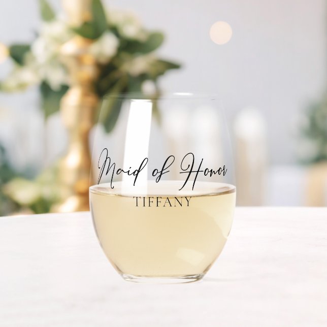 Chic Maid of Honour Customizable Black Script Stemless Wine Glass (Insitu (Wedding))