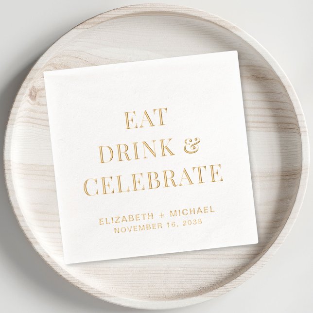 Chic Manger Boire Célébrer Mariage (Elevate your wedding reception decor with these elegant "Eat Drink & Celebrate" foil napkins)