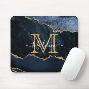 Chic Marble Agate Geode Navy Blue Gold Monogram Mouse Pad