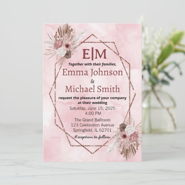Chic marble and floral invites (Standing Front)