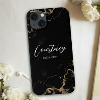 Chic Marble Black & Gold Glitter Monogrammed Name