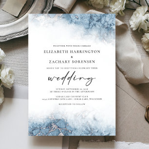 Chic Marble Blue Silver Wedding Invitation