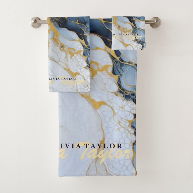 Chic Marble Gold Grey Navy Blue Agate bath towel (Insitu)