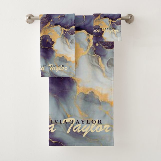 Chic Marble Gold Grey Purple Agate bath towel (Insitu)