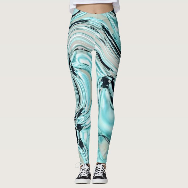 chic marble swirls mint aqua blue water ripple leggings (Front)