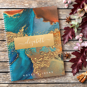 Chic marble watercolor glam gold turquoise orange notebook