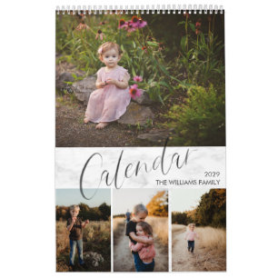 Chic Marble Watercolor Script Multi Photo Calendar