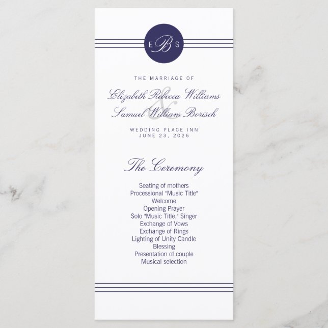Chic Marine Bleu Monogramme Programme Cartes en ra (Devant)