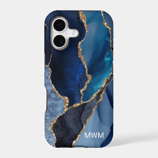 Chic Marine Blue Gold Veins Agate Monogramme (Verso)