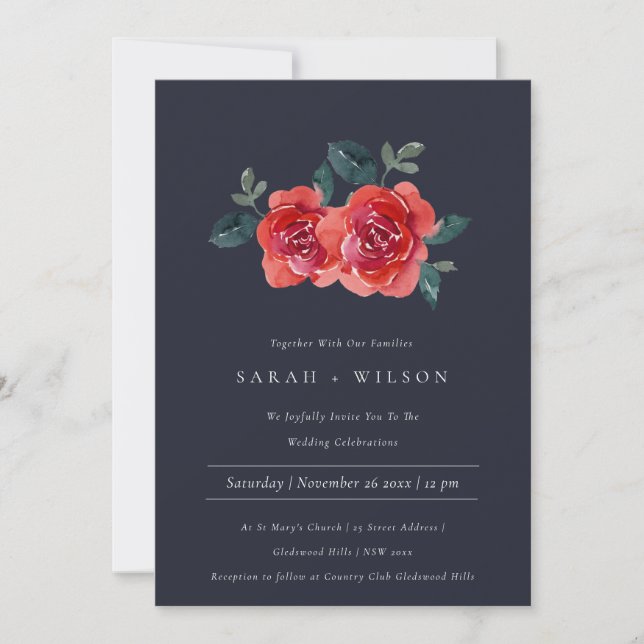 CHIC MARINE ROUGE VERT ROSE FLORALE INVITATION MAR (Devant)