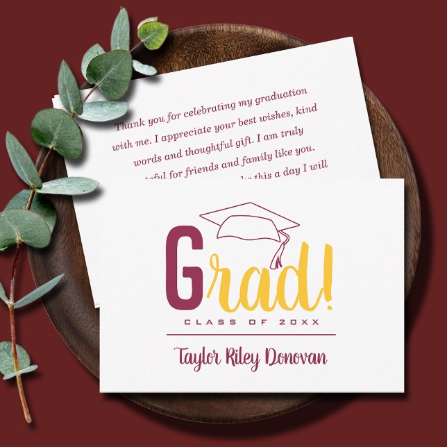 Chic Maroon and Yellow Grad Cap Graduation Card (3.5" x 5" maroon and yellow Grad and graduation cap flat note cards, your message on the back)