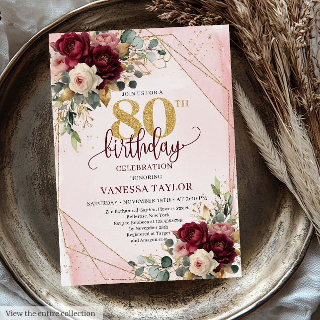 Chic Maroon Blush Gold Roses 80th Birthday Invites (Chic Maroon Blush Gold Roses 80th Birthday Invitation)