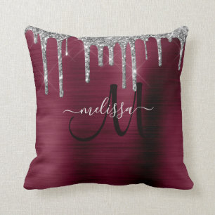 Chic Maroon Dripping Glitter Brush Metal Monogram Throw Pillow