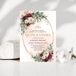 Chic Maroon Peony Eucalyptus 15th Birthday Invite